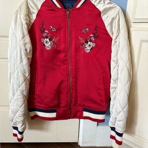 American Eagle Outfitters Red and White Bomber Jacket